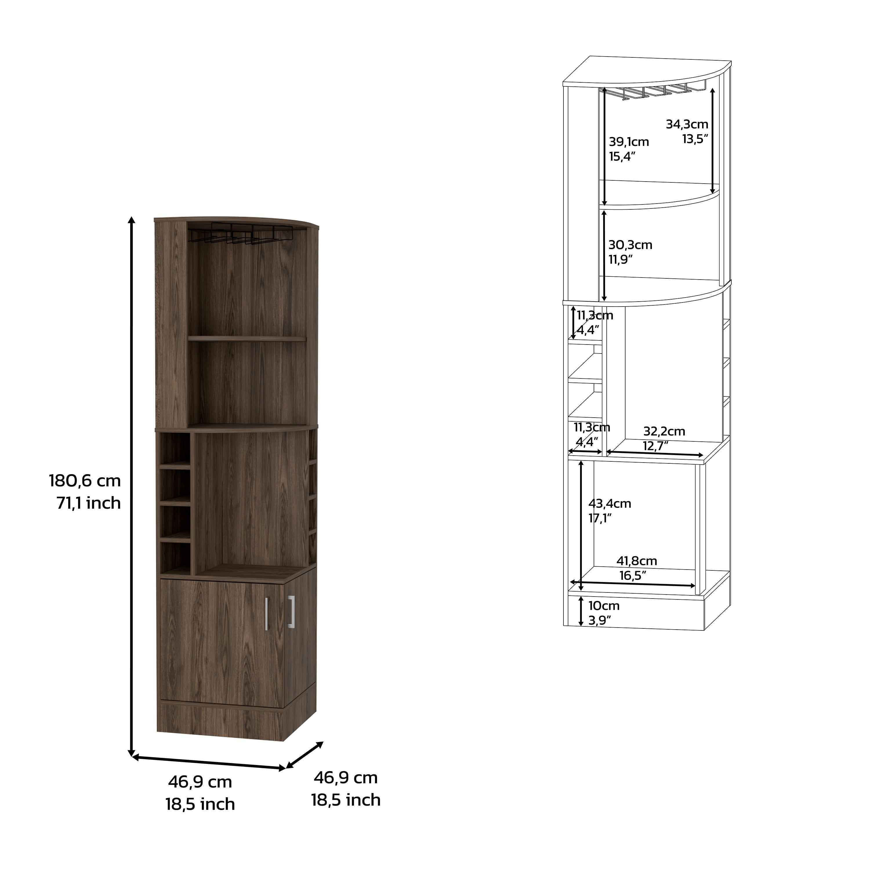 Egina Corner Bar Cabinet, Two External Shelves, Dark Walnut