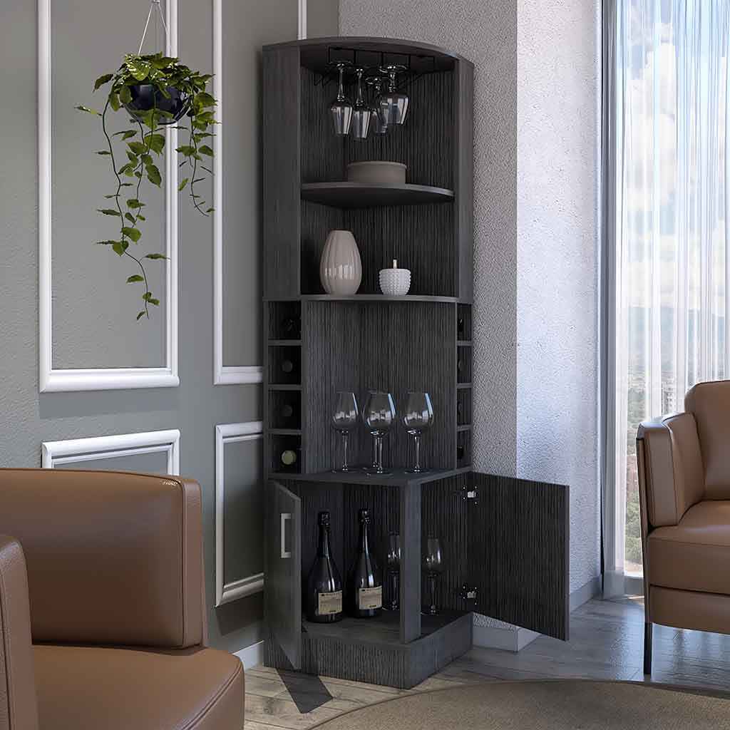 Egina Corner Bar Cabinet, Two External Shelves, Smokey Oak