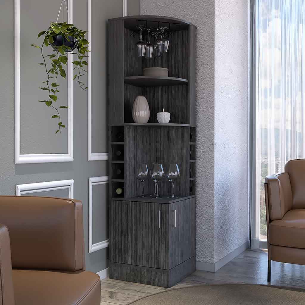 Egina Corner Bar Cabinet, Two External Shelves, Smokey Oak