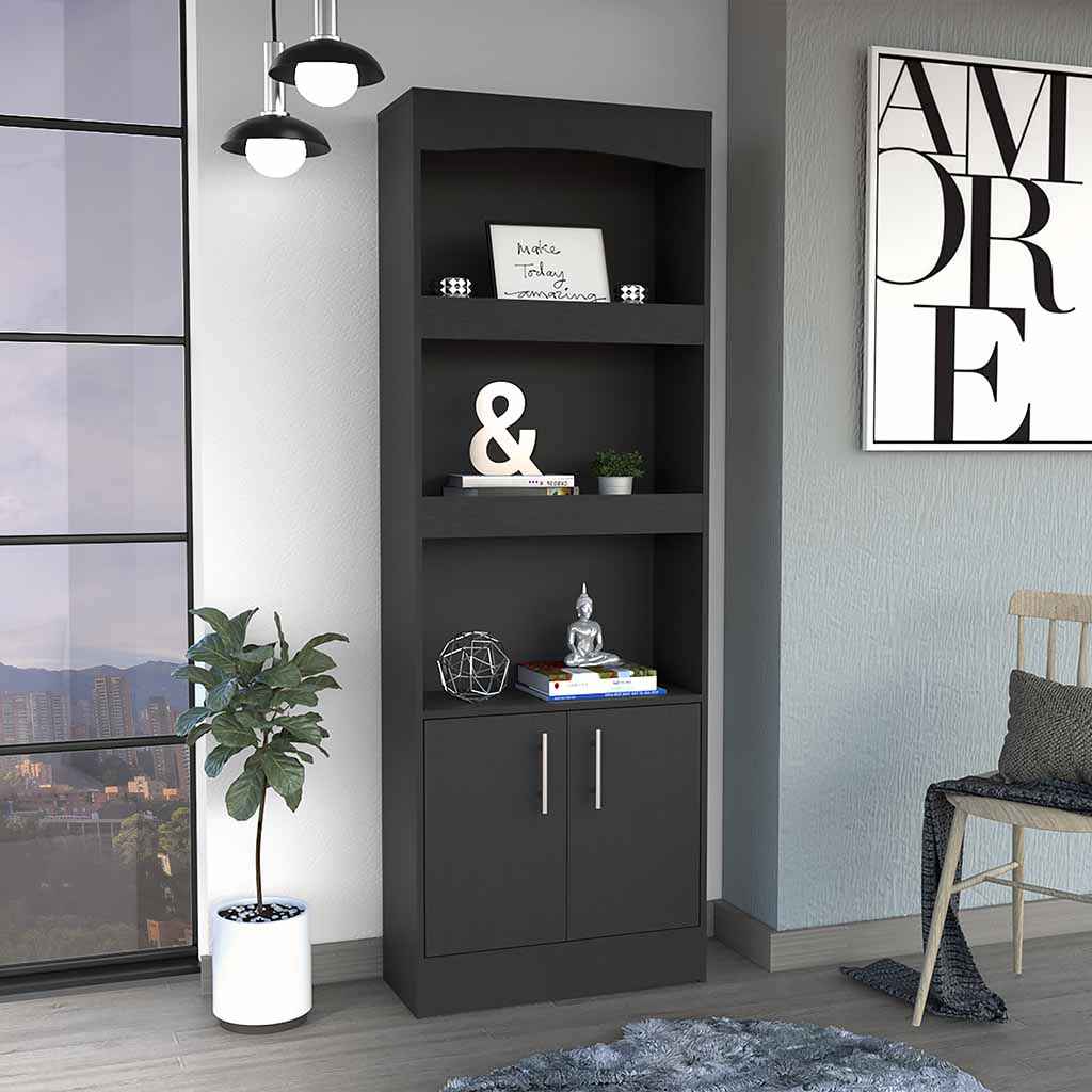Dozza Bookcase, Three Shelves, Double Door Cabinet, Metal Hardware, Black