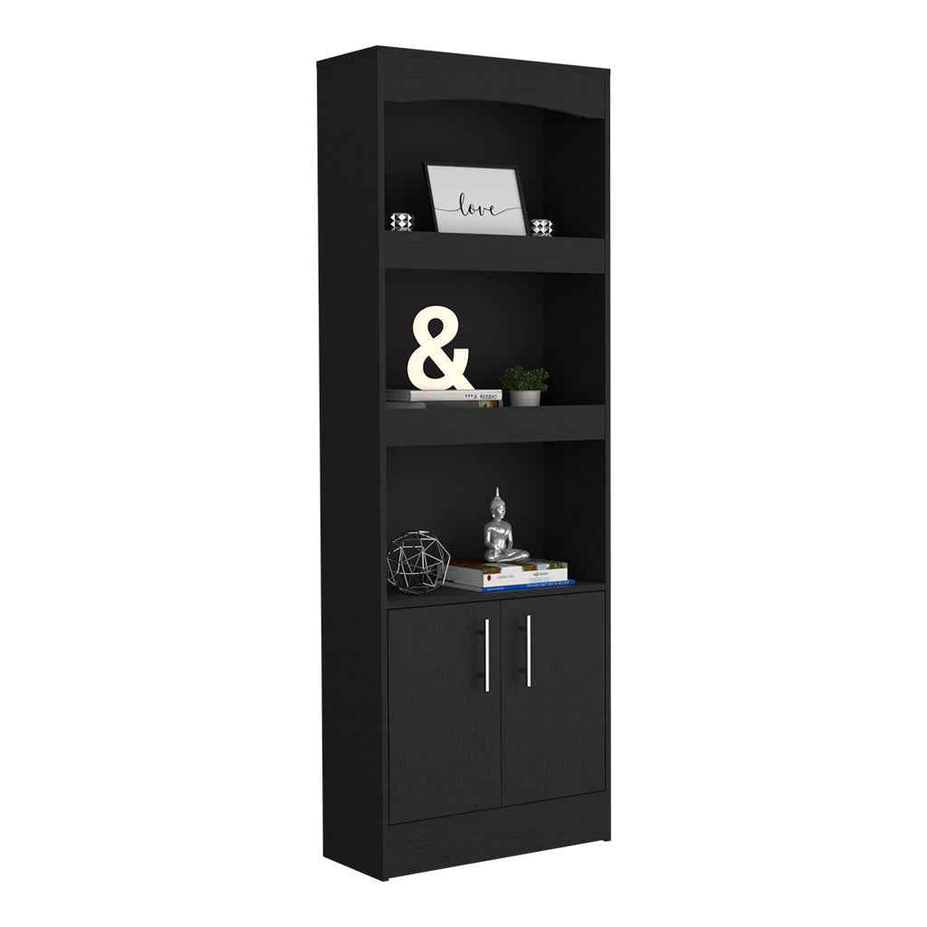 Dozza Bookcase, Three Shelves, Double Door Cabinet, Metal Hardware, Black