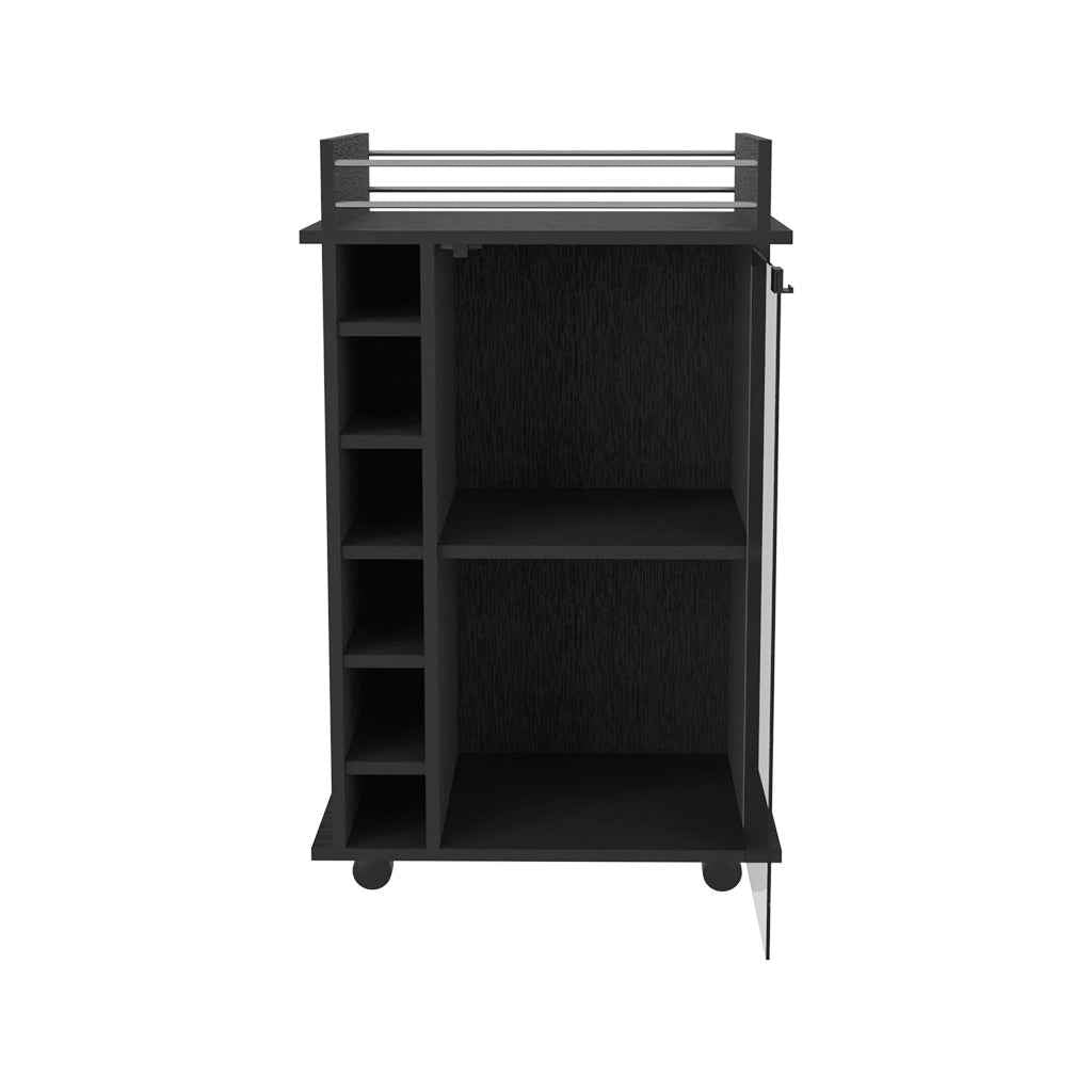 Huali Bar Cart, Six Built-in Wine Rack, Glass Door, Four Casters, Two Shelves, Black