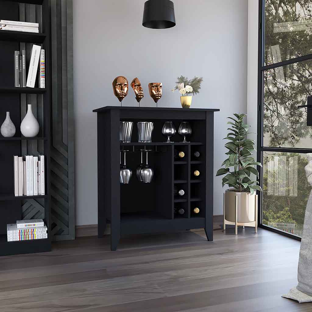 Mojito Bar Cabinet, Six Built-in Wine Rack, One Open Drawer, One Open Shelf, Black - Luciddepo