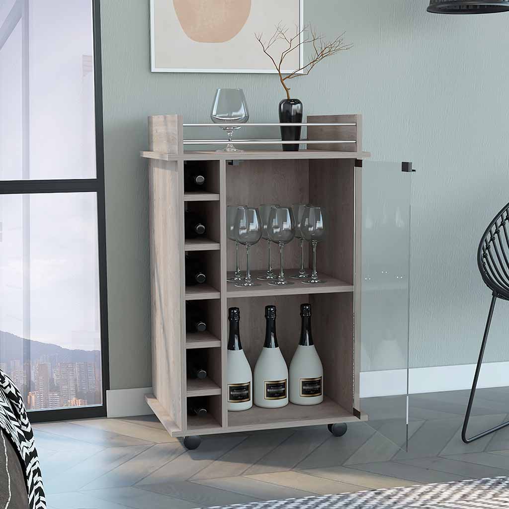 Huali Bar Cart, Six Built-in Wine Rack, Glass Door, Four Casters, Two Shelves, Light Gray - Luciddepo