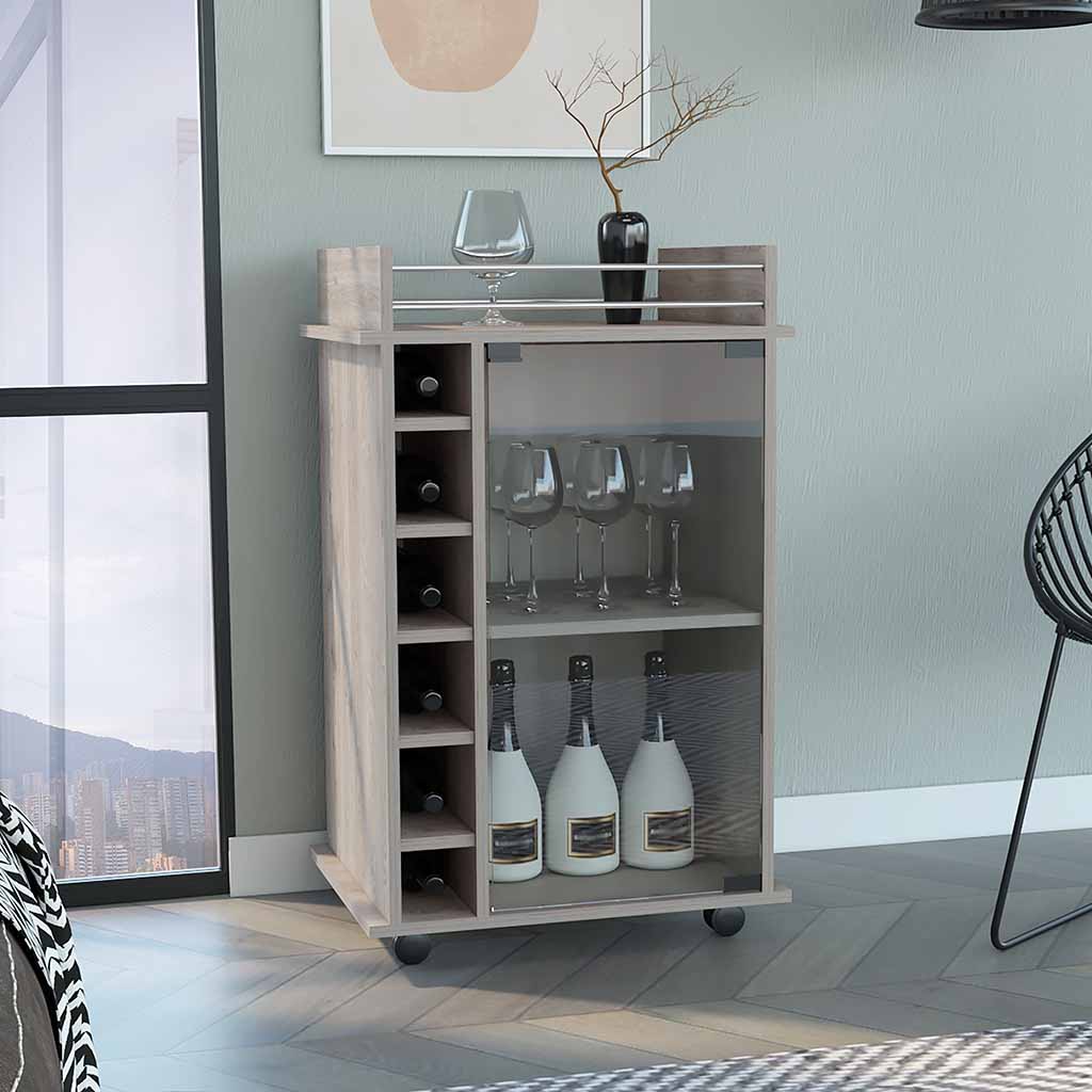 Huali Bar Cart, Six Built-in Wine Rack, Glass Door, Four Casters, Two Shelves, Light Gray - Luciddepo