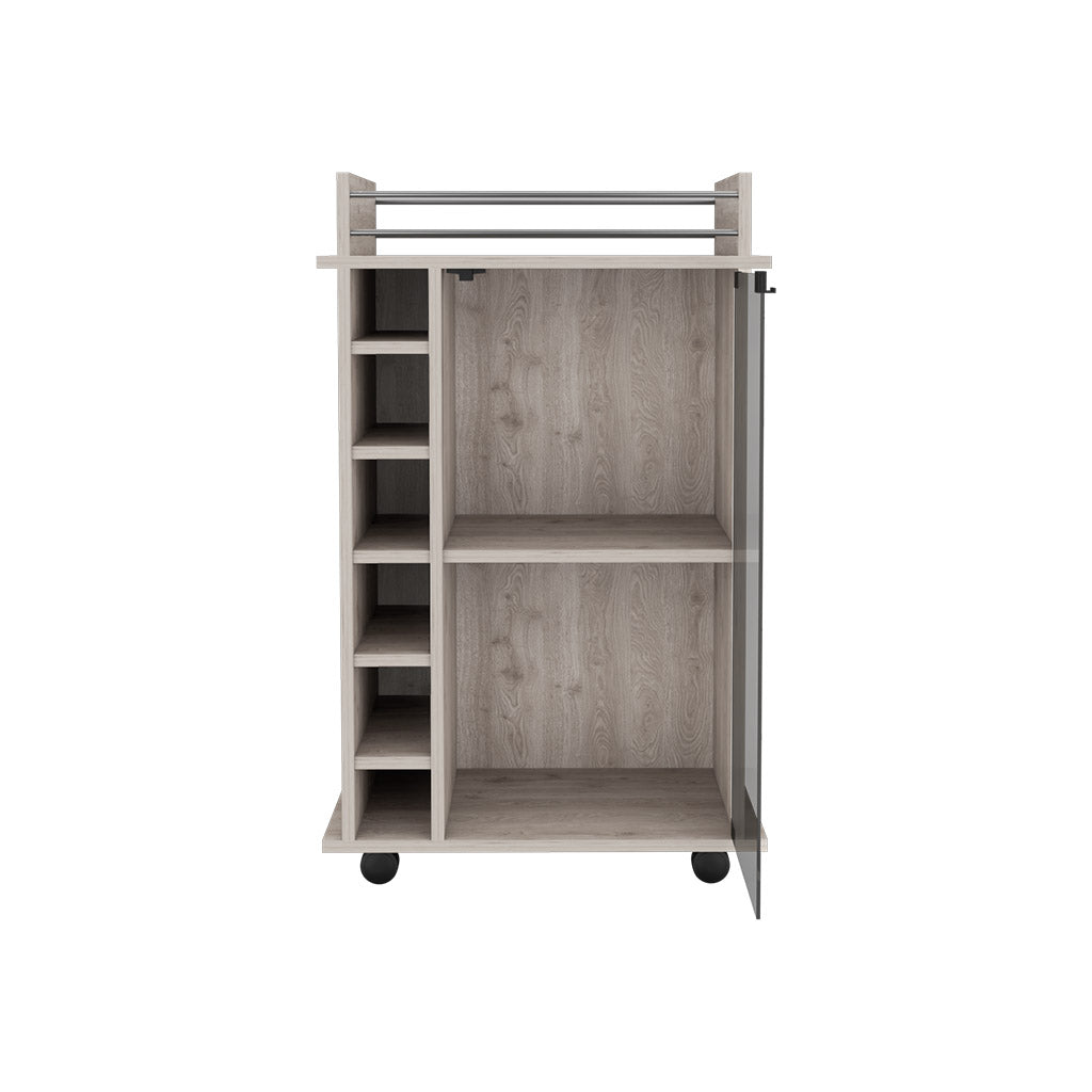 Huali Bar Cart, Six Built-in Wine Rack, Glass Door, Four Casters, Two Shelves, Light Gray - Luciddepo