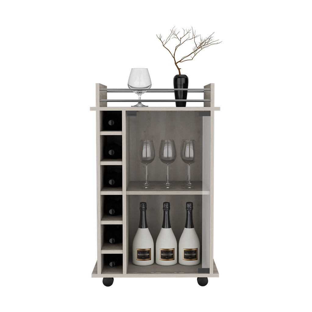 Huali Bar Cart, Six Built-in Wine Rack, Glass Door, Four Casters, Two Shelves, Light Gray - Luciddepo