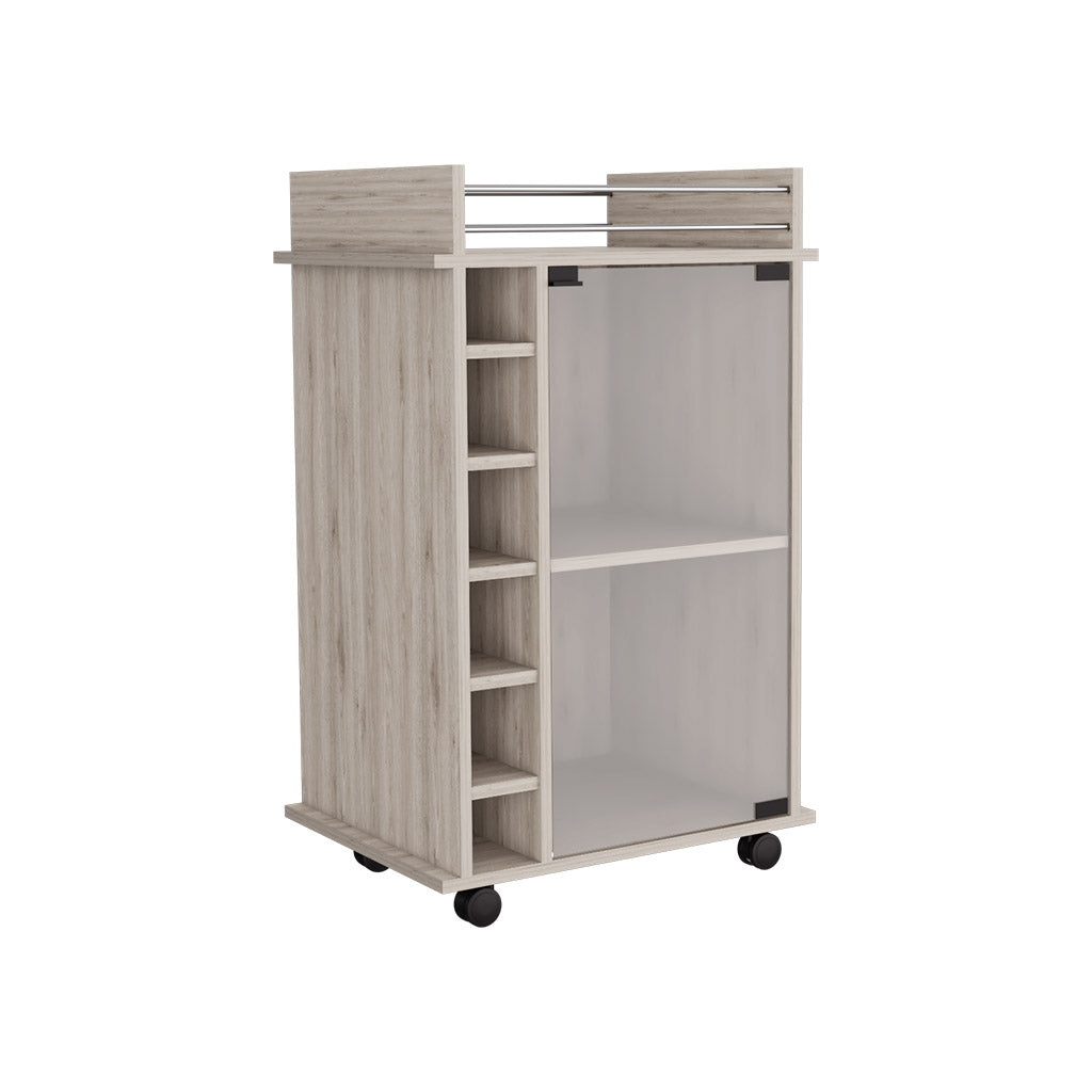 Huali Bar Cart, Six Built-in Wine Rack, Glass Door, Four Casters, Two Shelves, Light Gray - Luciddepo