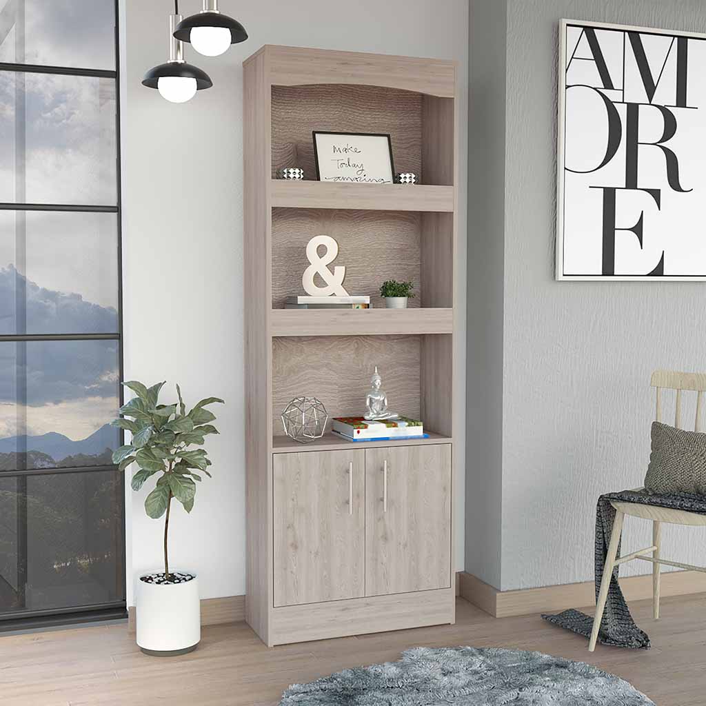 Dozza Bookcase, Three Shelves, Double Door Cabinet, Metal Hardware, Light Gray