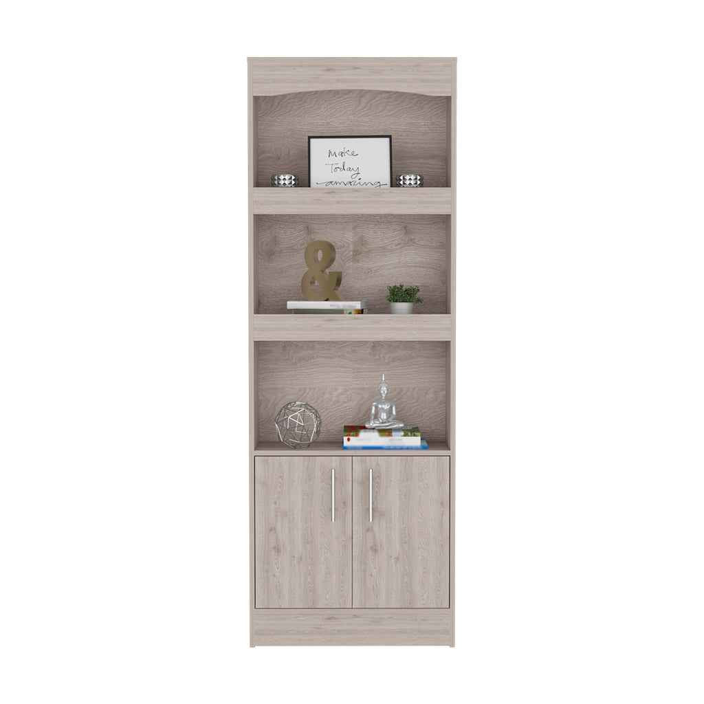 Dozza Bookcase, Three Shelves, Double Door Cabinet, Metal Hardware, Light Gray