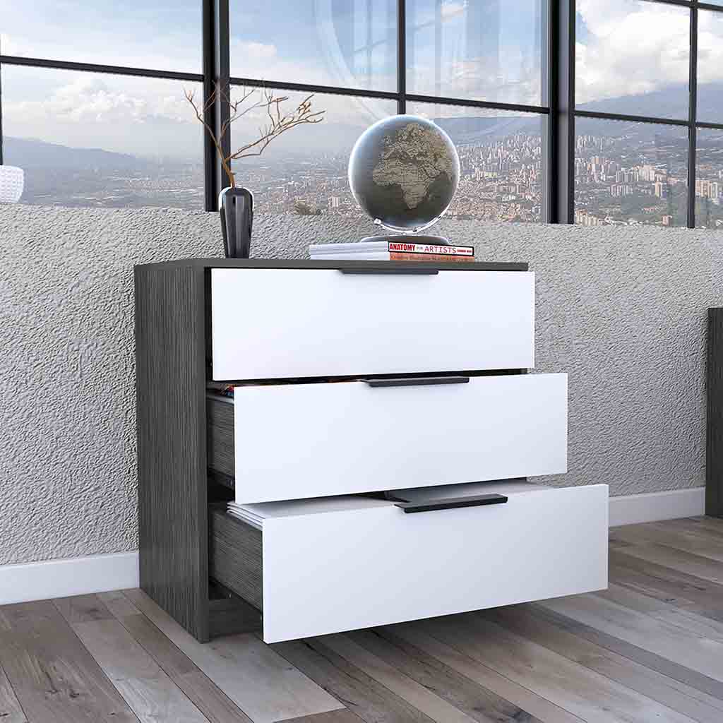 Egeo 3 Drawers Dresser, Superior Top, Smokey Oak / White - Luciddepo