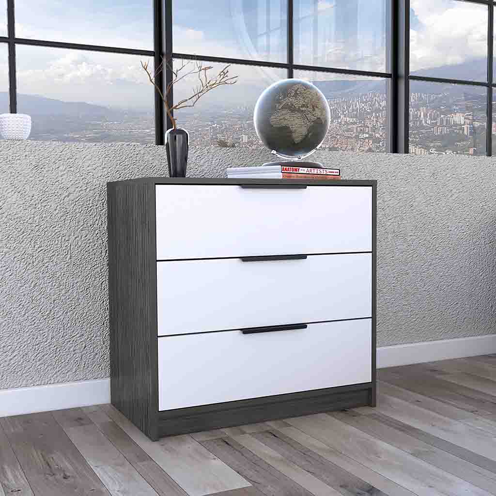 Egeo 3 Drawers Dresser, Superior Top, Smokey Oak / White - Luciddepo