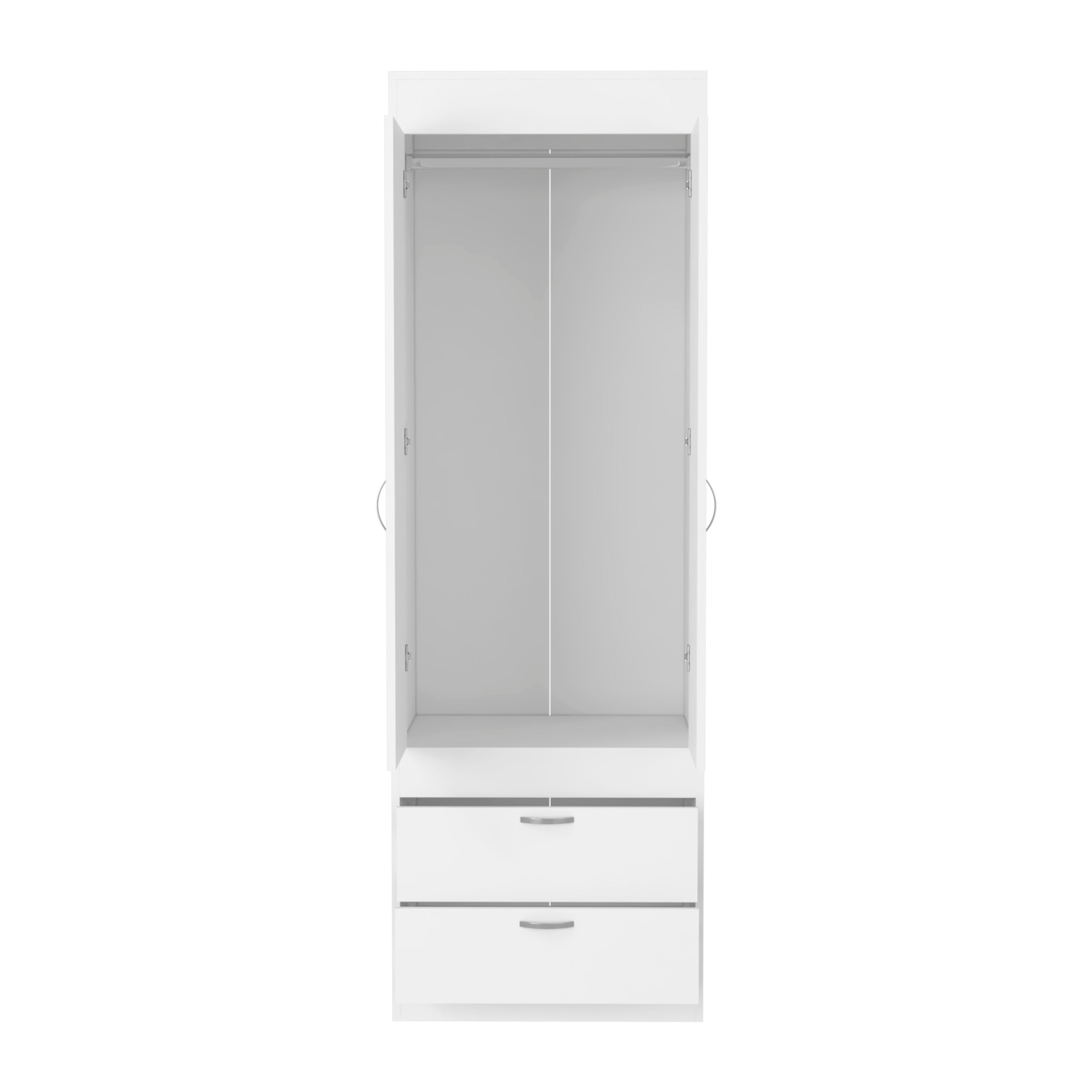 Portugal Armoire with Double Door Cabinet, Two Drawers, Metal Handles, Rod, White - Luciddepo