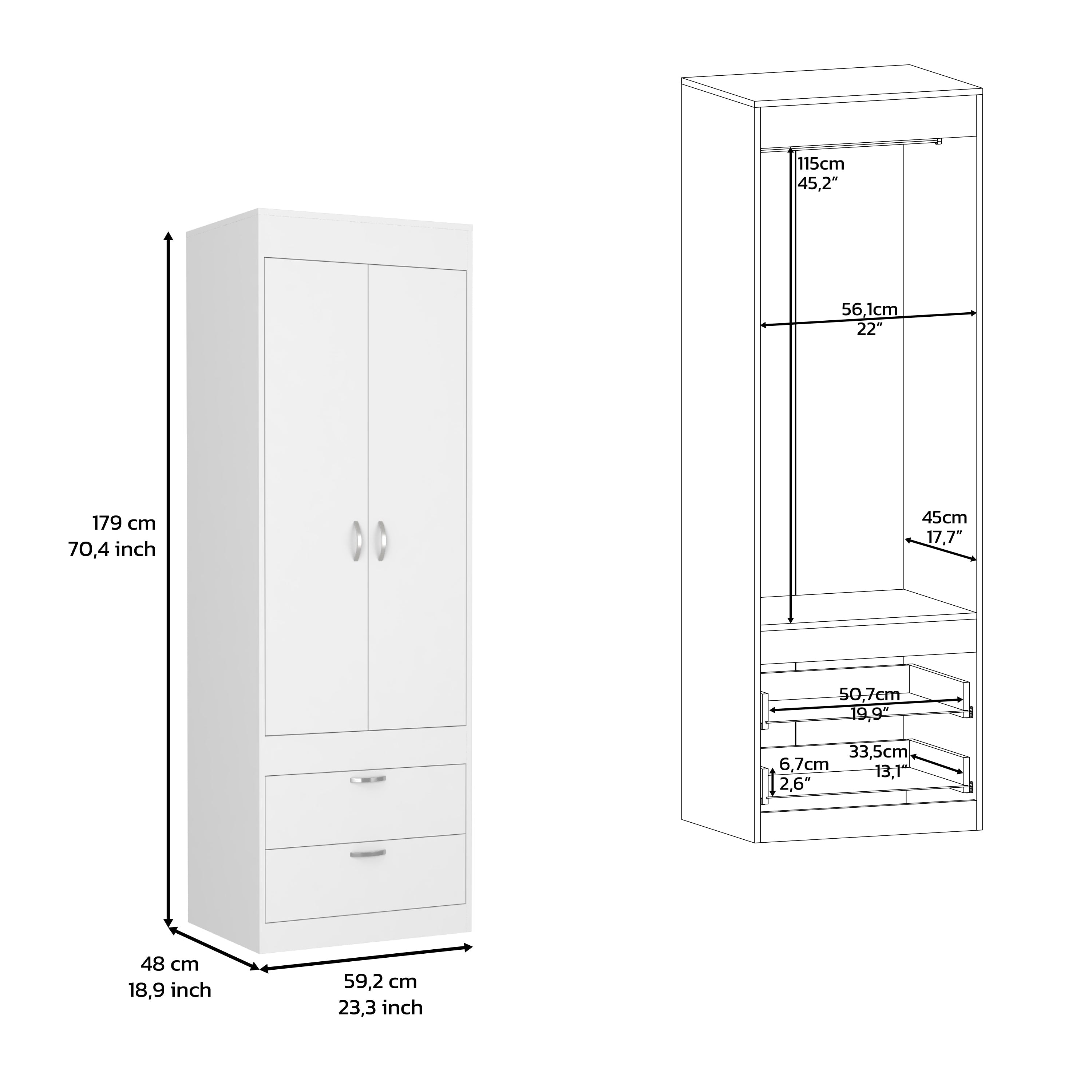 Portugal Armoire with Double Door Cabinet, Two Drawers, Metal Handles, Rod, White - Luciddepo