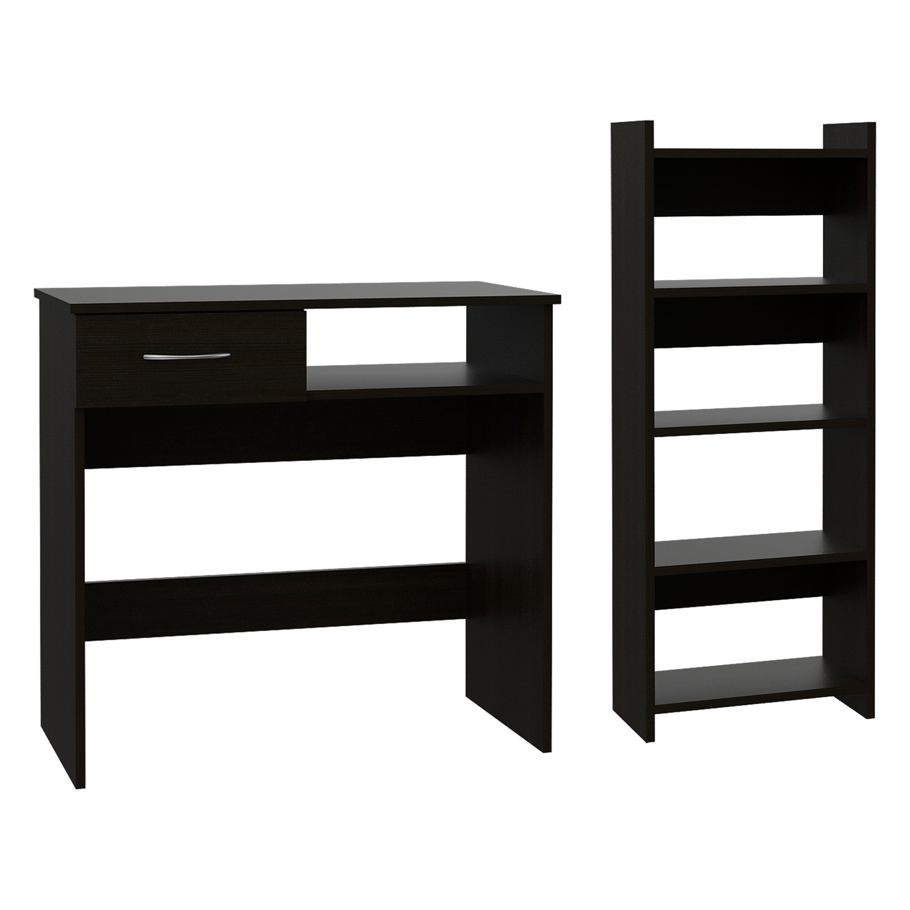 Treia Home Office Set, Two Parts Set, One Drawer, Desktop, Keyboard Tray, Stand, Five Shelves, Black - Luciddepo