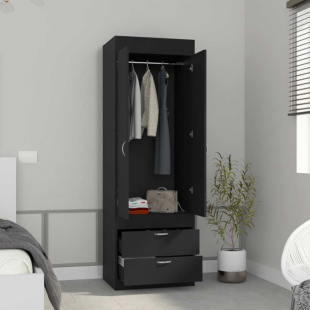 Portugal Armoire, Double Door Cabinet, Two Drawers, Metal Handles, Rod, Black - Luciddepo