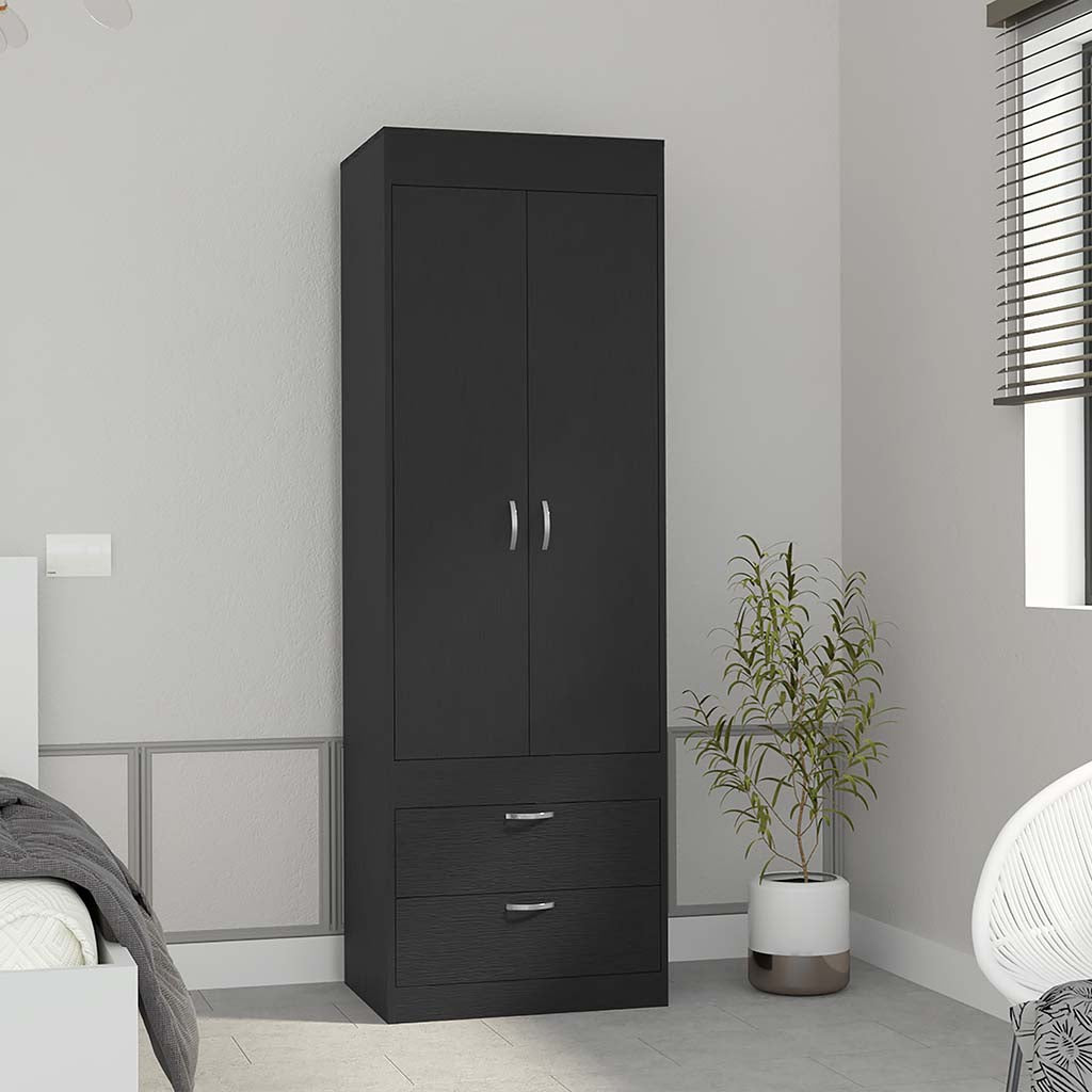 Portugal Armoire, Double Door Cabinet, Two Drawers, Metal Handles, Rod, Black - Luciddepo