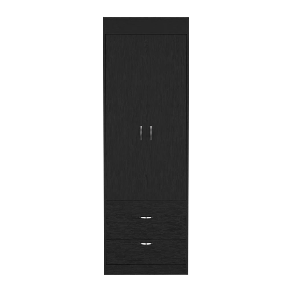 Portugal Armoire, Double Door Cabinet, Two Drawers, Metal Handles, Rod, Black - Luciddepo