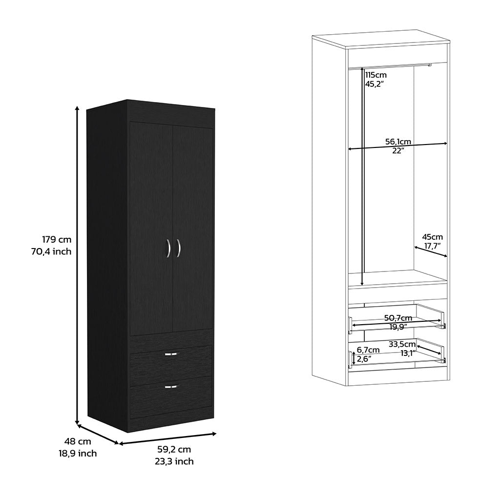 Portugal Armoire, Double Door Cabinet, Two Drawers, Metal Handles, Rod, Black - Luciddepo