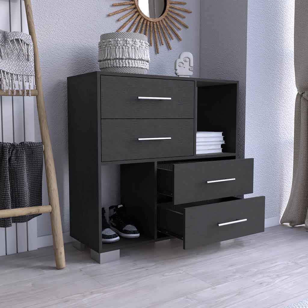 Fountain Dresser, Two Open Shelves, Four Drawers, Black - Luciddepo