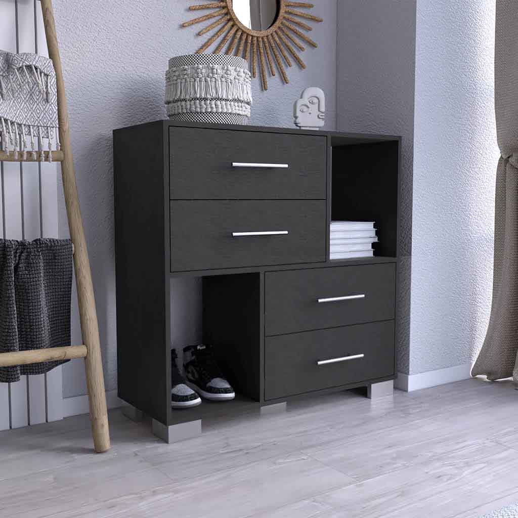 Fountain Dresser, Two Open Shelves, Four Drawers, Black - Luciddepo