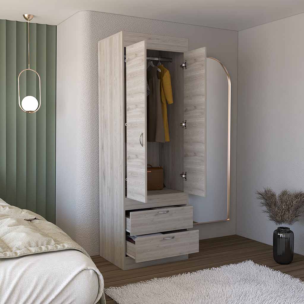 Portugal Armoire, Double Door Cabinet, Two Drawers, Metal Handles, Rod, Light Gray - Luciddepo