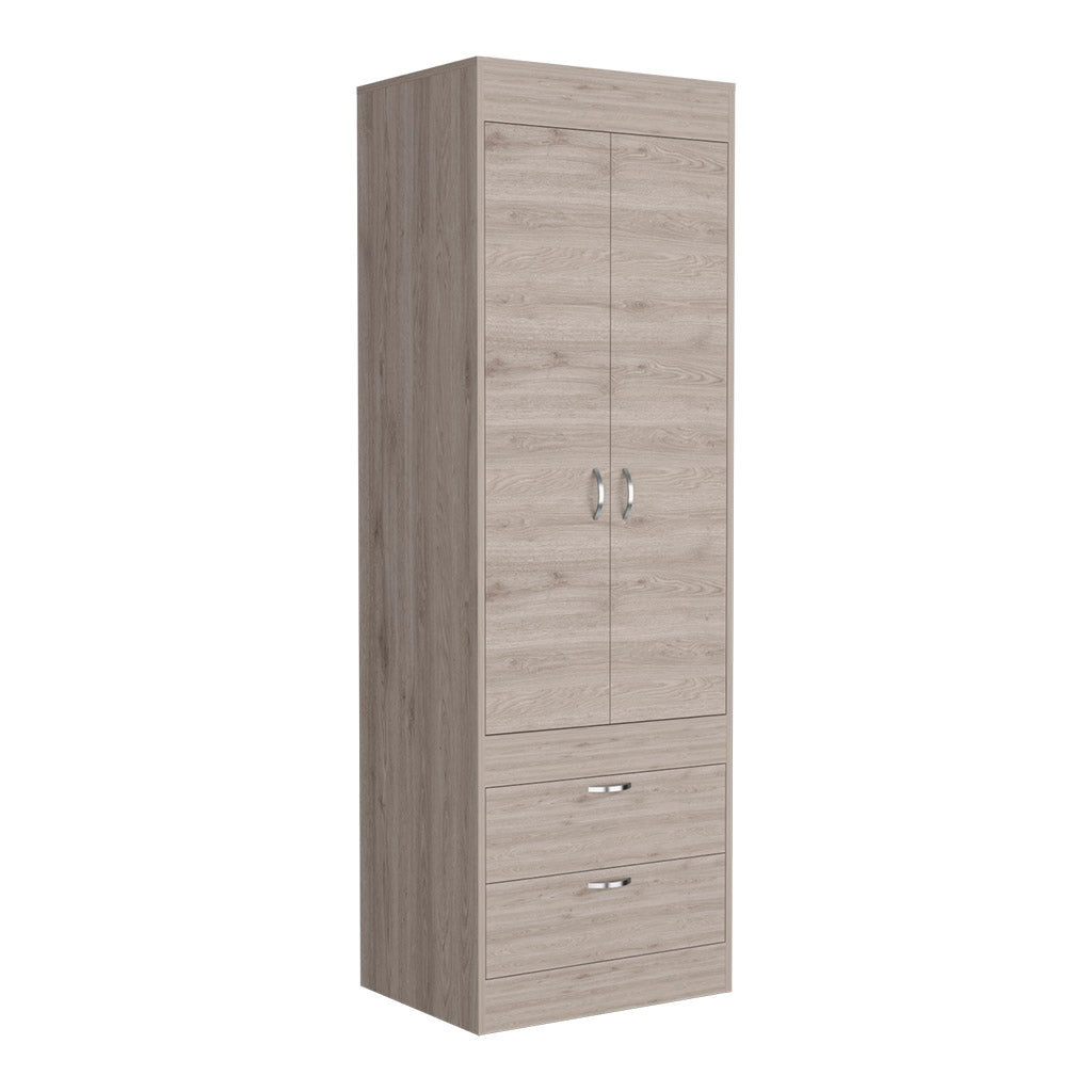 Portugal Armoire, Double Door Cabinet, Two Drawers, Metal Handles, Rod, Light Gray - Luciddepo