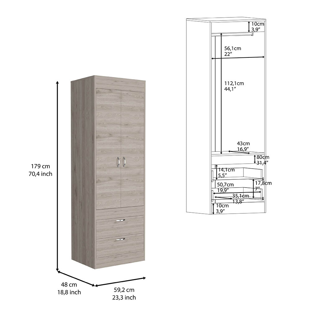 Portugal Armoire, Double Door Cabinet, Two Drawers, Metal Handles, Rod, Light Gray - Luciddepo