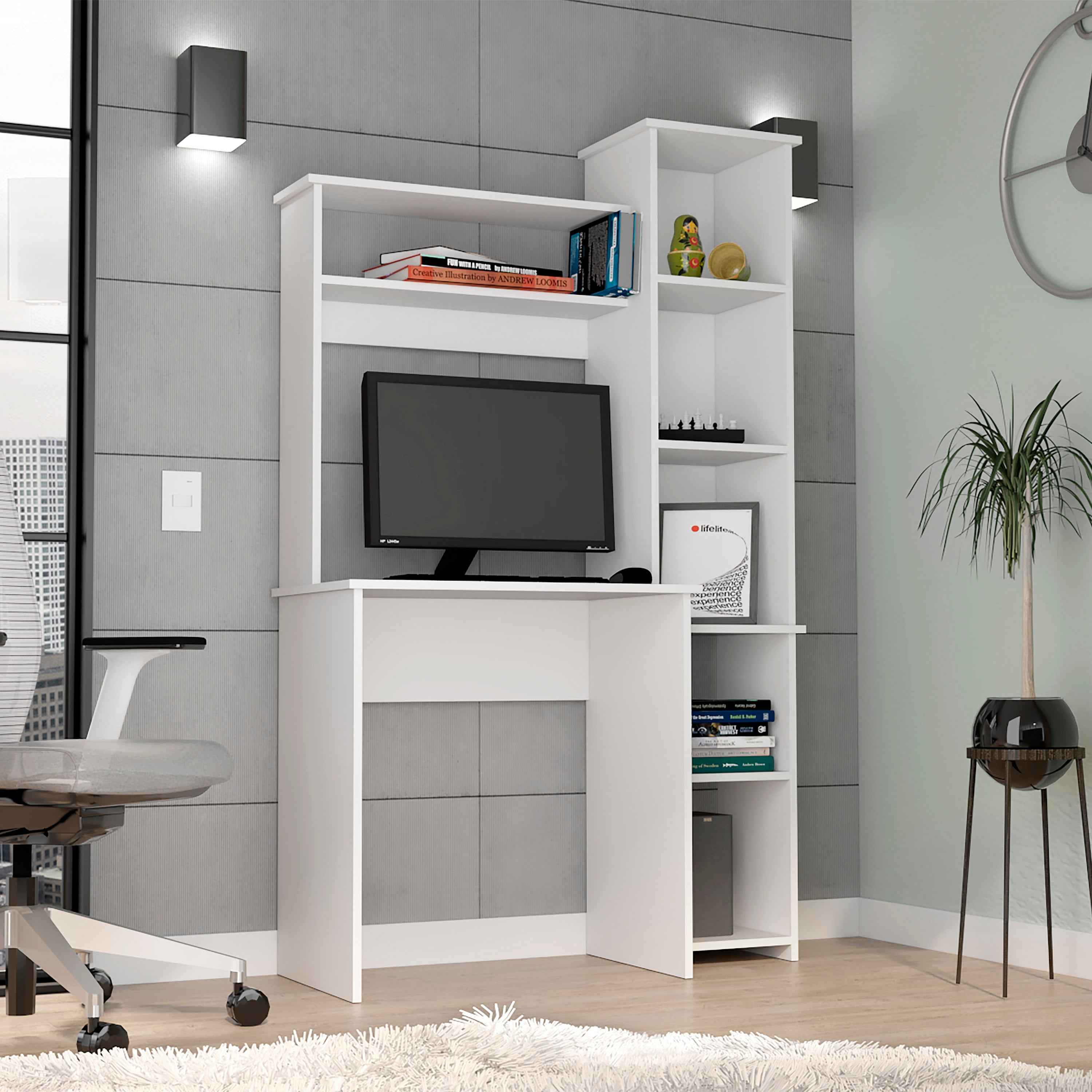 Aramis Ergonomic Desk with Adjustable Shelves, Spacious Storage, 63.9" H, White Finish