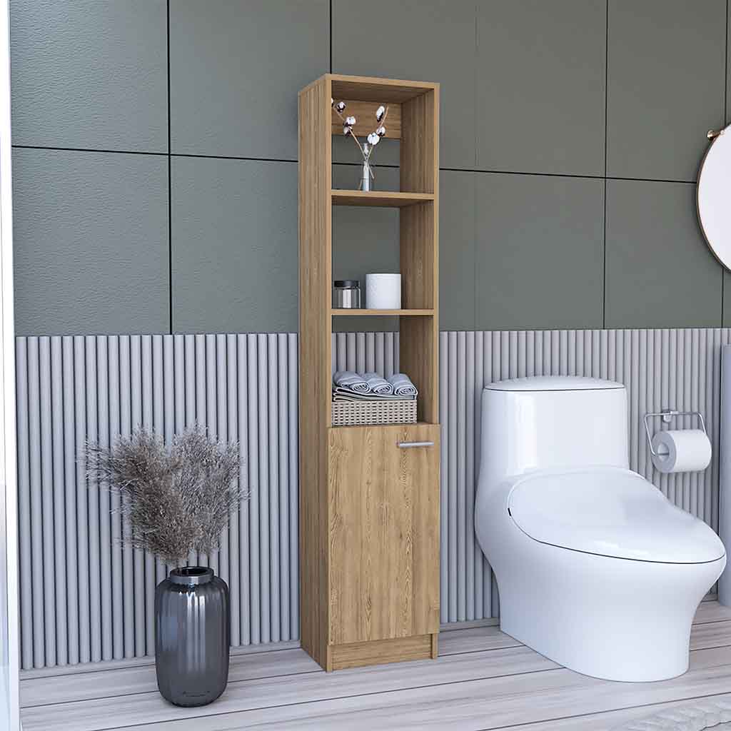 Leben Linen Single Door Cabinet, Three External Shelves, Two Interior Shelves, Pine - Luciddepo