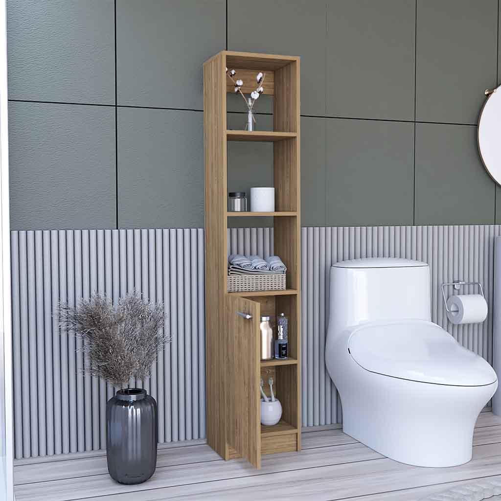 Leben Linen Single Door Cabinet, Three External Shelves, Two Interior Shelves, Pine - Luciddepo