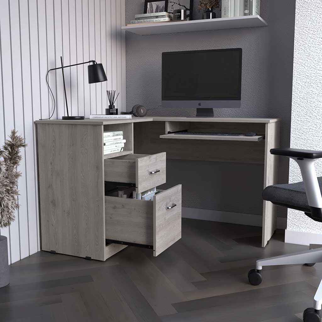Idra L-Shaped Desk, Keyboard Tray, Two Drawers, One Open Shelf, Light Gray