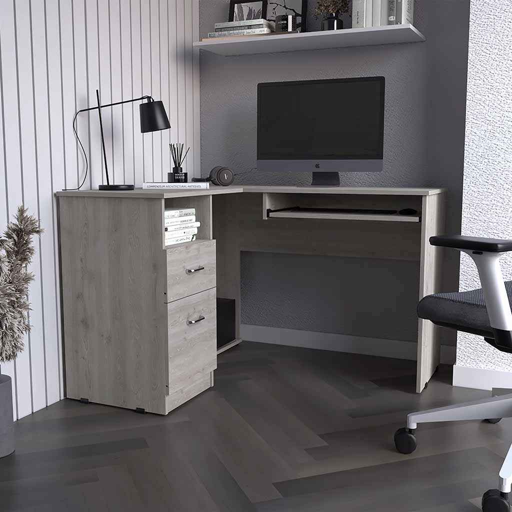 Idra L-Shaped Desk, Keyboard Tray, Two Drawers, One Open Shelf, Light Gray