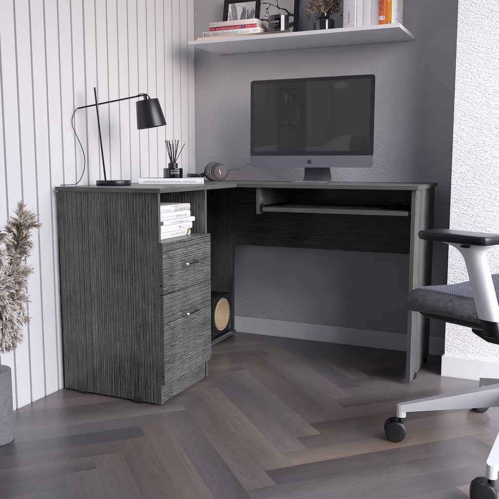 Idra L-Shaped Desk, Keyboard Tray, Two Drawers, One Open Shelf, Smokey Oak