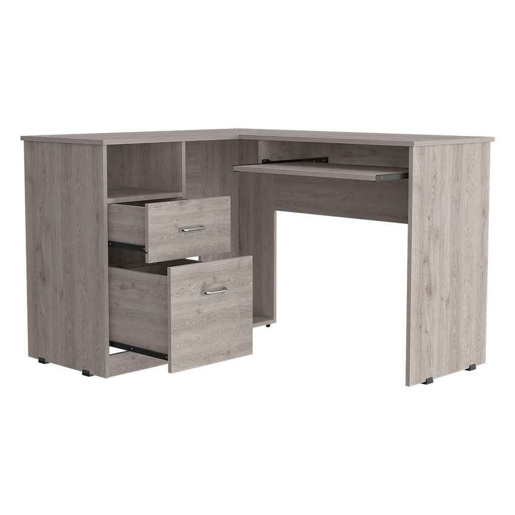 Idra L-Shaped Desk, Keyboard Tray, Two Drawers, One Open Shelf, Light Gray