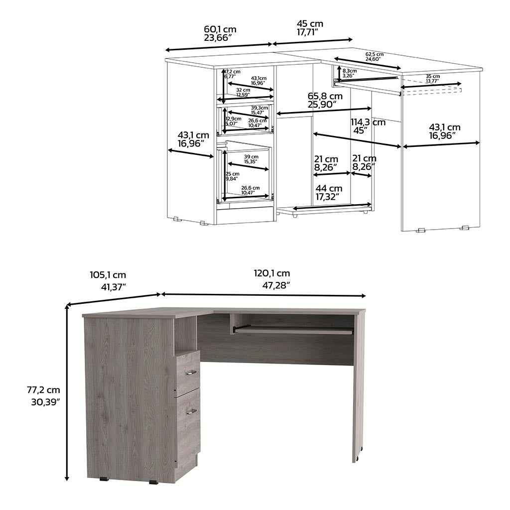 Idra L-Shaped Desk, Keyboard Tray, Two Drawers, One Open Shelf, Light Gray
