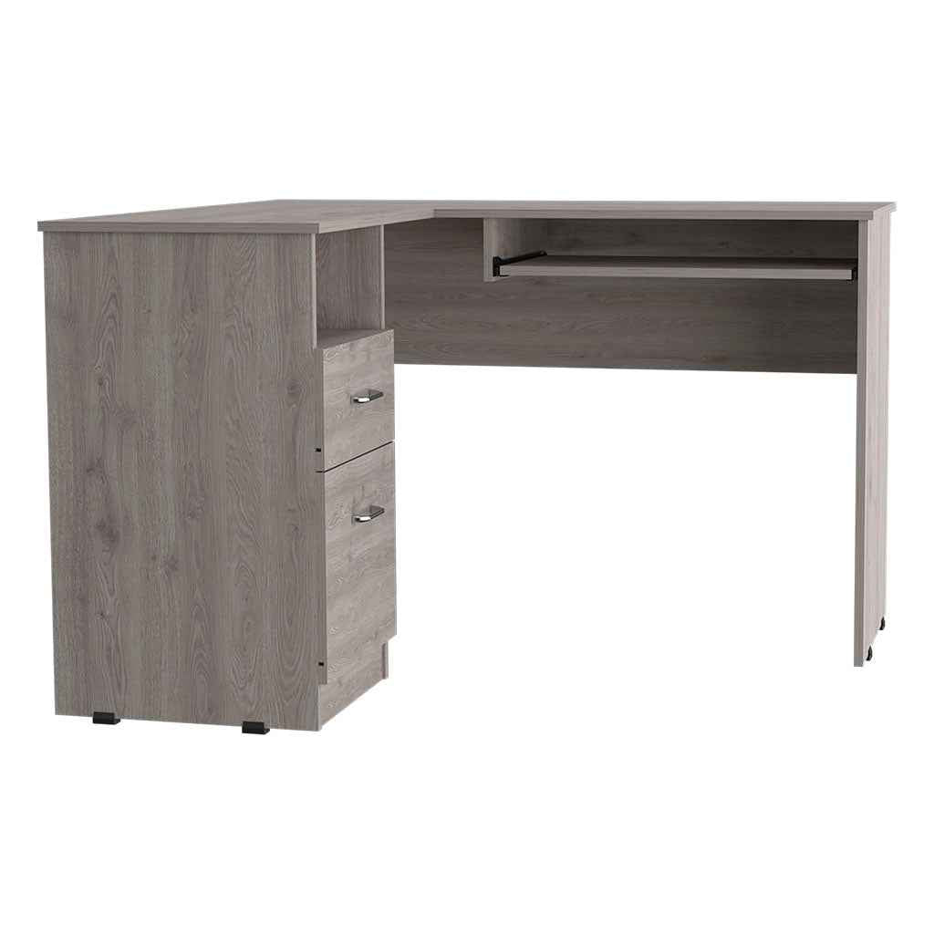 Idra L-Shaped Desk, Keyboard Tray, Two Drawers, One Open Shelf, Light Gray