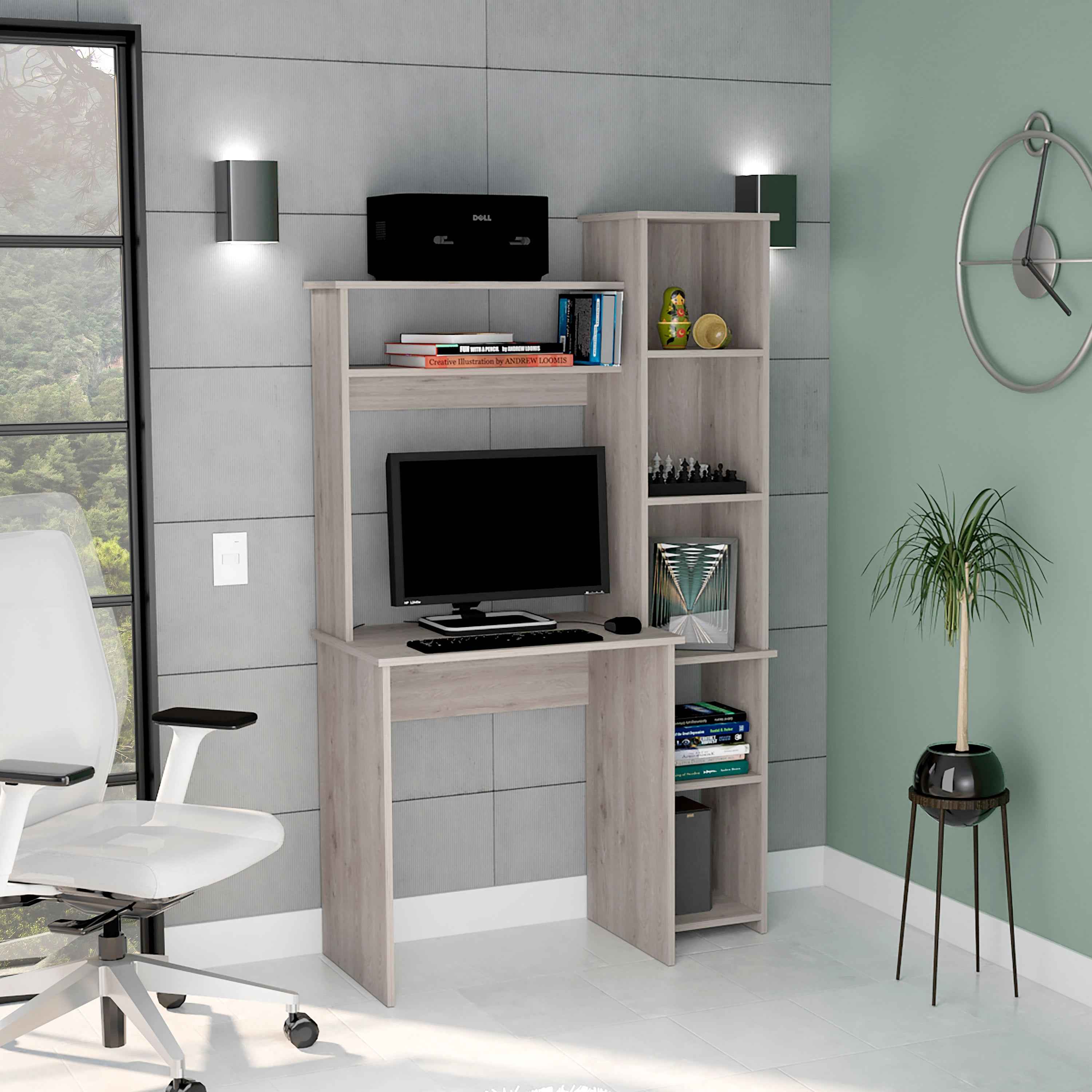Aramis Desk, Five Shelves, Two Superior Shelves, Light Gray