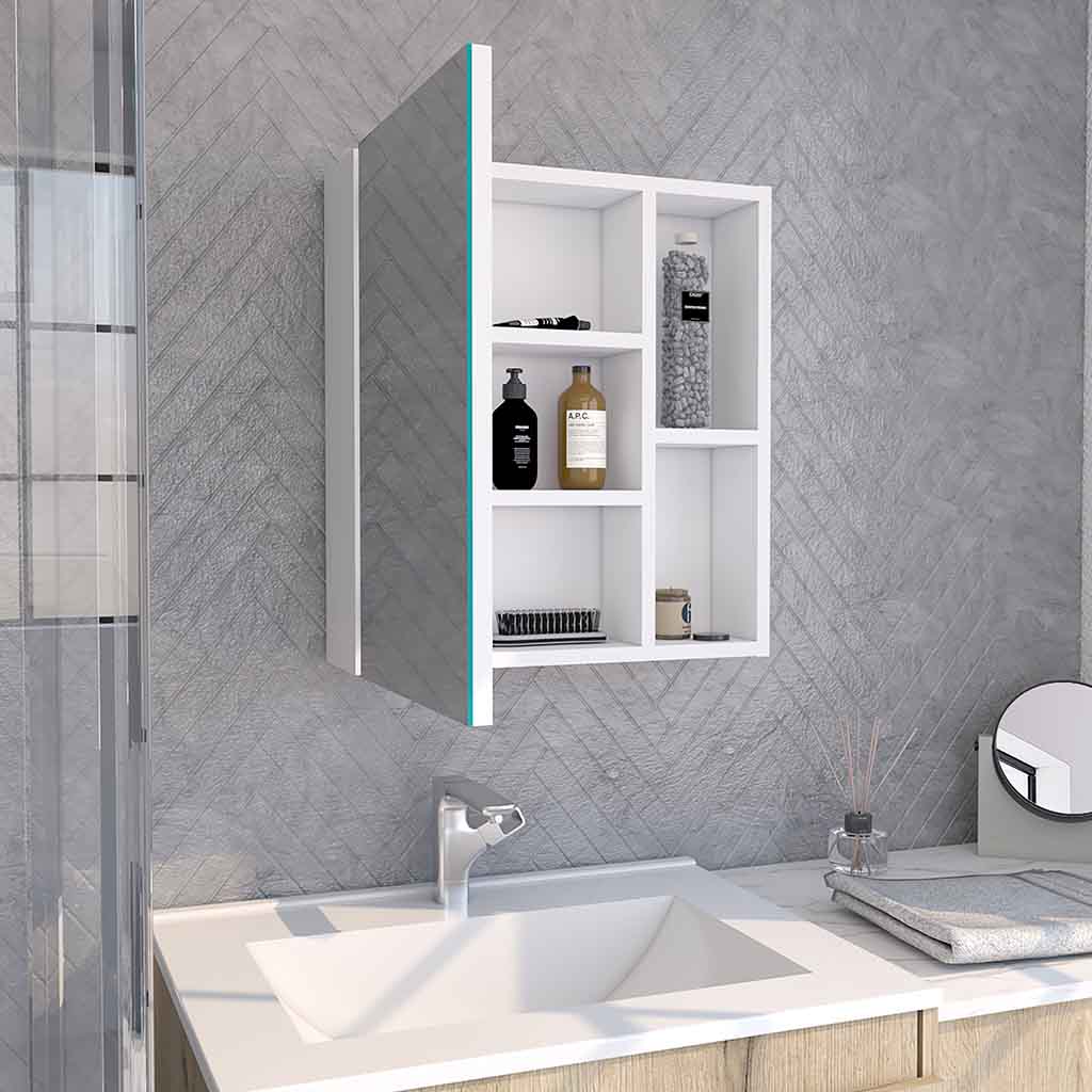 Andes Medicine Single Door Cabinet With Mirror, Five Interior Shelves, White - Luciddepo