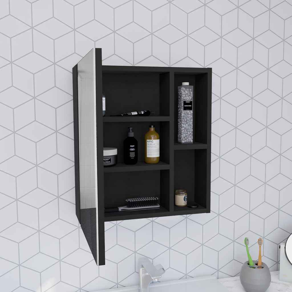 Andes Medicine Single Door Cabinet With Mirror, Five Interior Shelves, Black