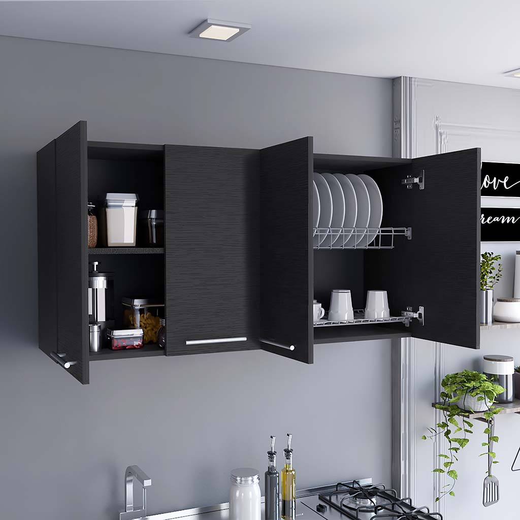 Oceana 120 Wall Cabinet with Four Doors, Two Internal Shelves, Internal Plate and Glass Organizer, Black - Luciddepo