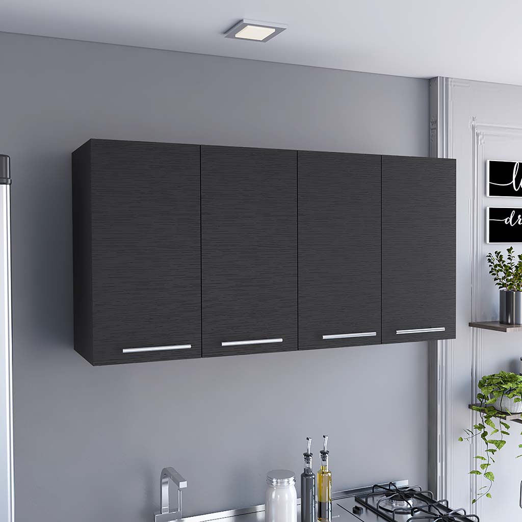 Oceana 120 Wall Cabinet with Four Doors, Two Internal Shelves, Internal Plate and Glass Organizer, Black - Luciddepo