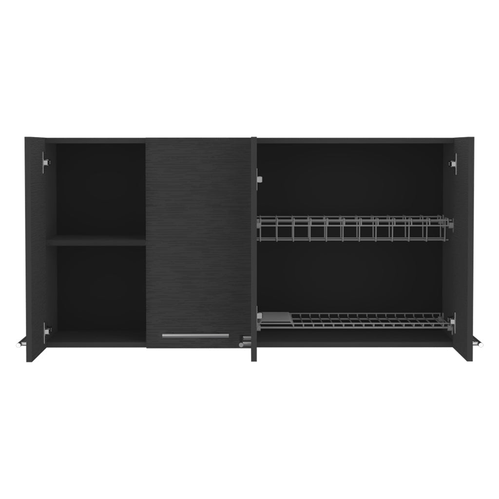 Oceana 120 Wall Cabinet with Four Doors, Two Internal Shelves, Internal Plate and Glass Organizer, Black - Luciddepo