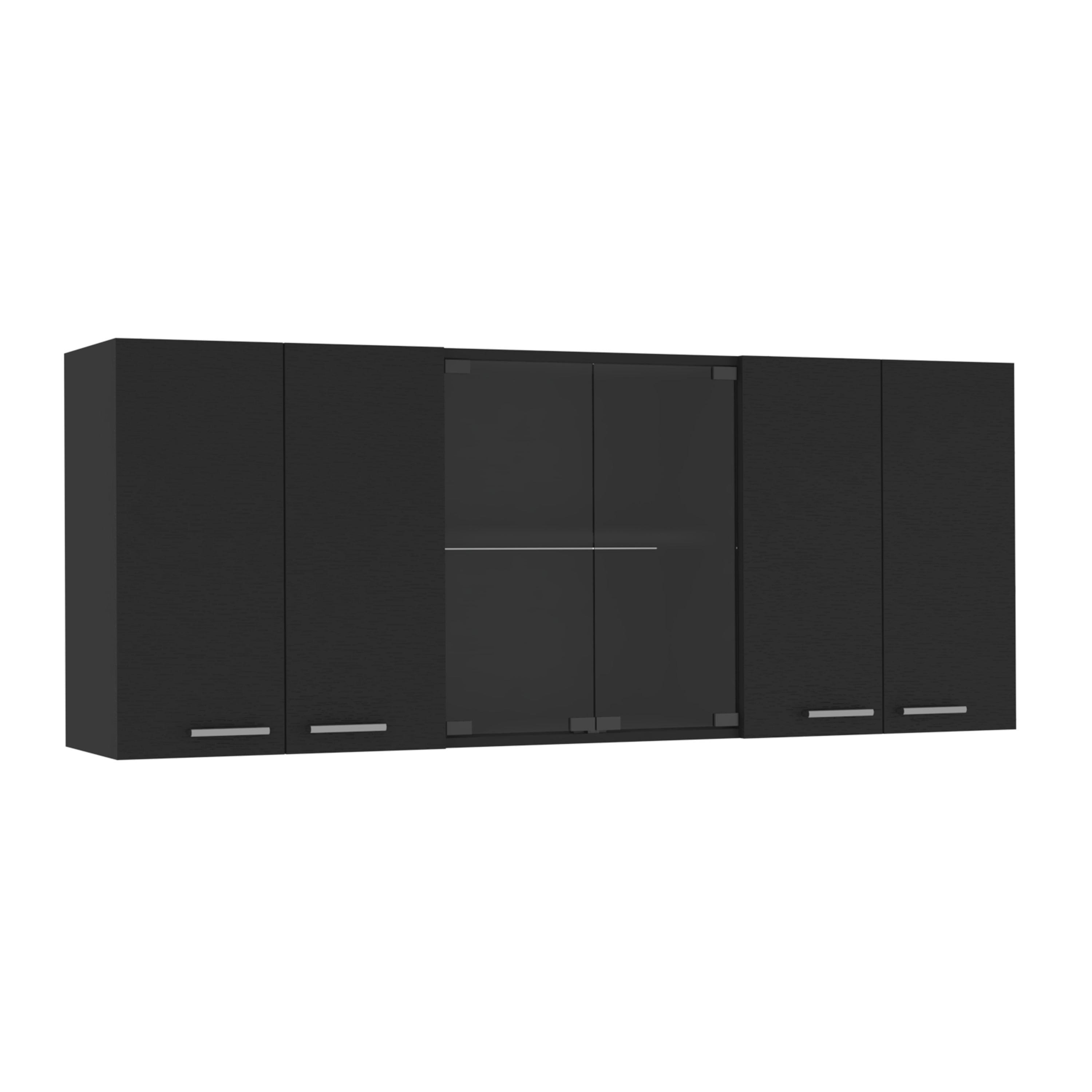 Oceana 150 Wall Cabinet with Four Doors, Two Internal Shelves, Internal Plate and Glass Organizer, Two Storage Shelves with Two Glass Doors, Black - Luciddepo