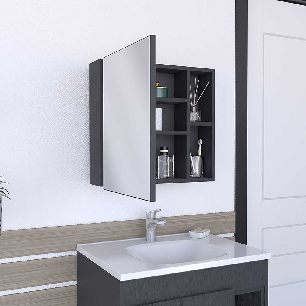 Queets Medicine Single Door Cabinet, Two External Shelves, Three Interior Shelves , Black - Luciddepo