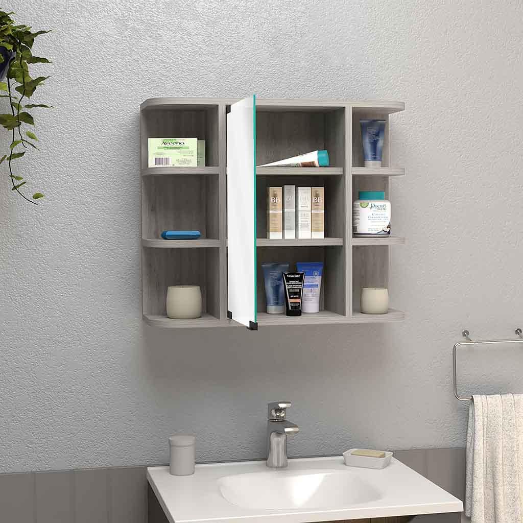 Roma Mirrored Medicine Cabinet, Six External Shelves, Three Interior Shelves, Light Gray - Luciddepo
