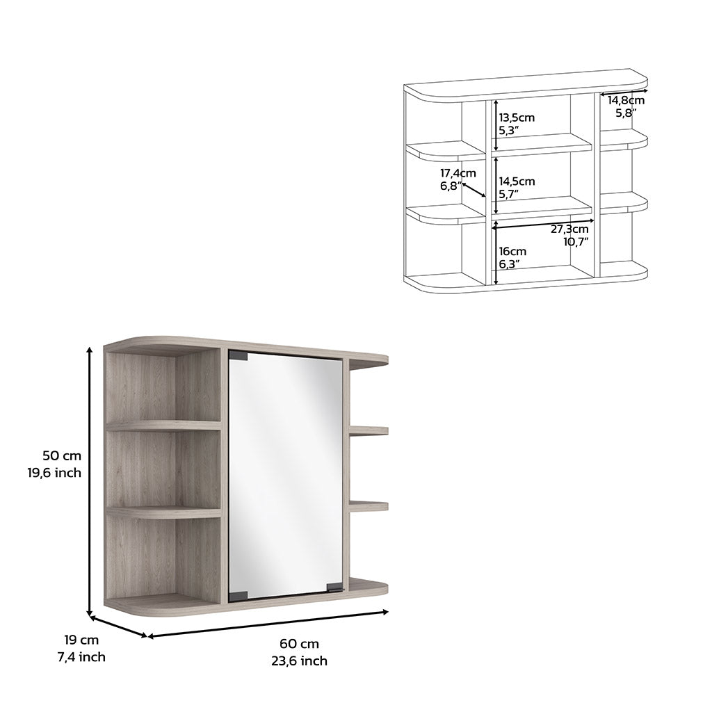 Roma Mirrored Medicine Cabinet, Six External Shelves, Three Interior Shelves, Light Gray - Luciddepo