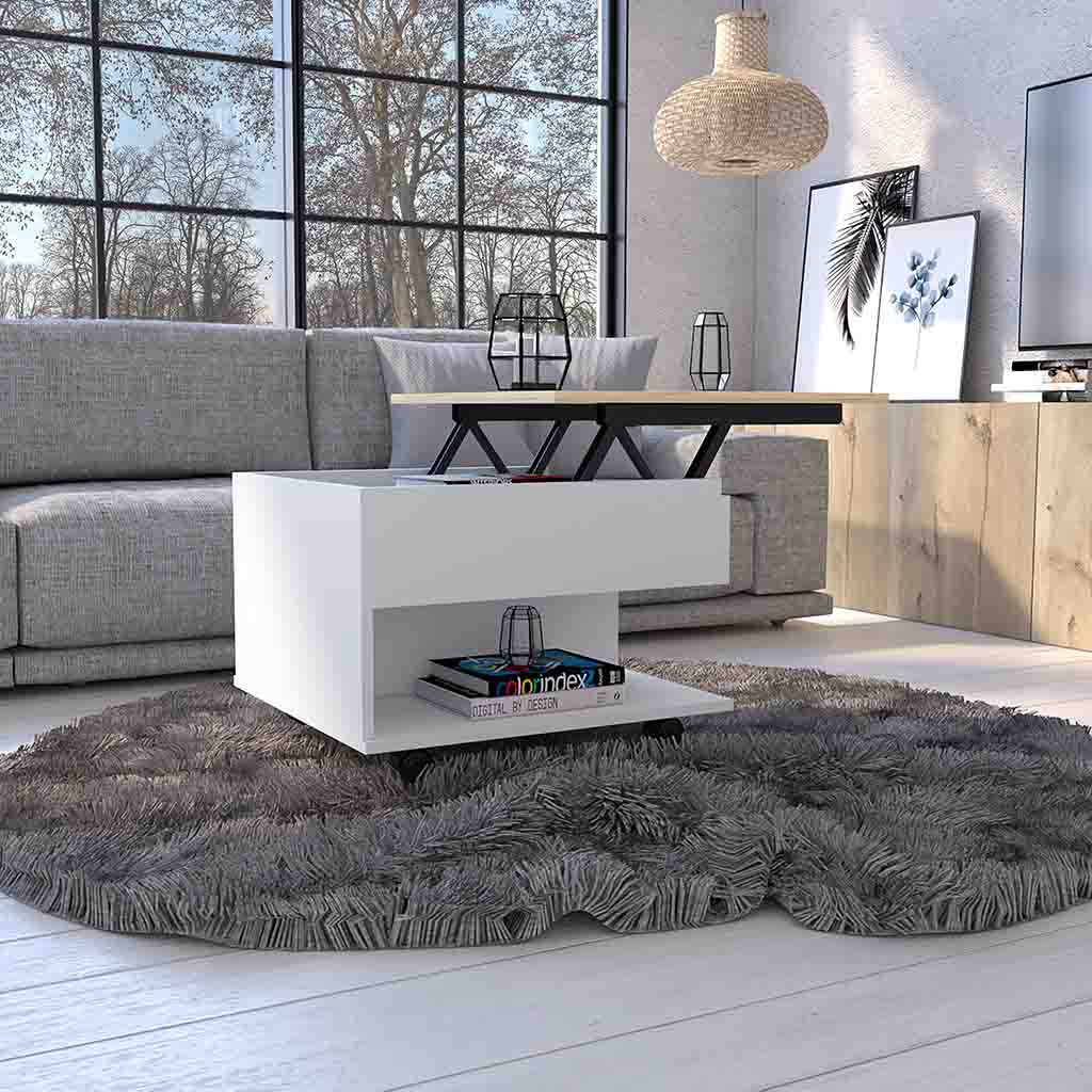 Babel Lift Top Coffee Table, Casters, One Shelf, White / Light Oak - Luciddepo