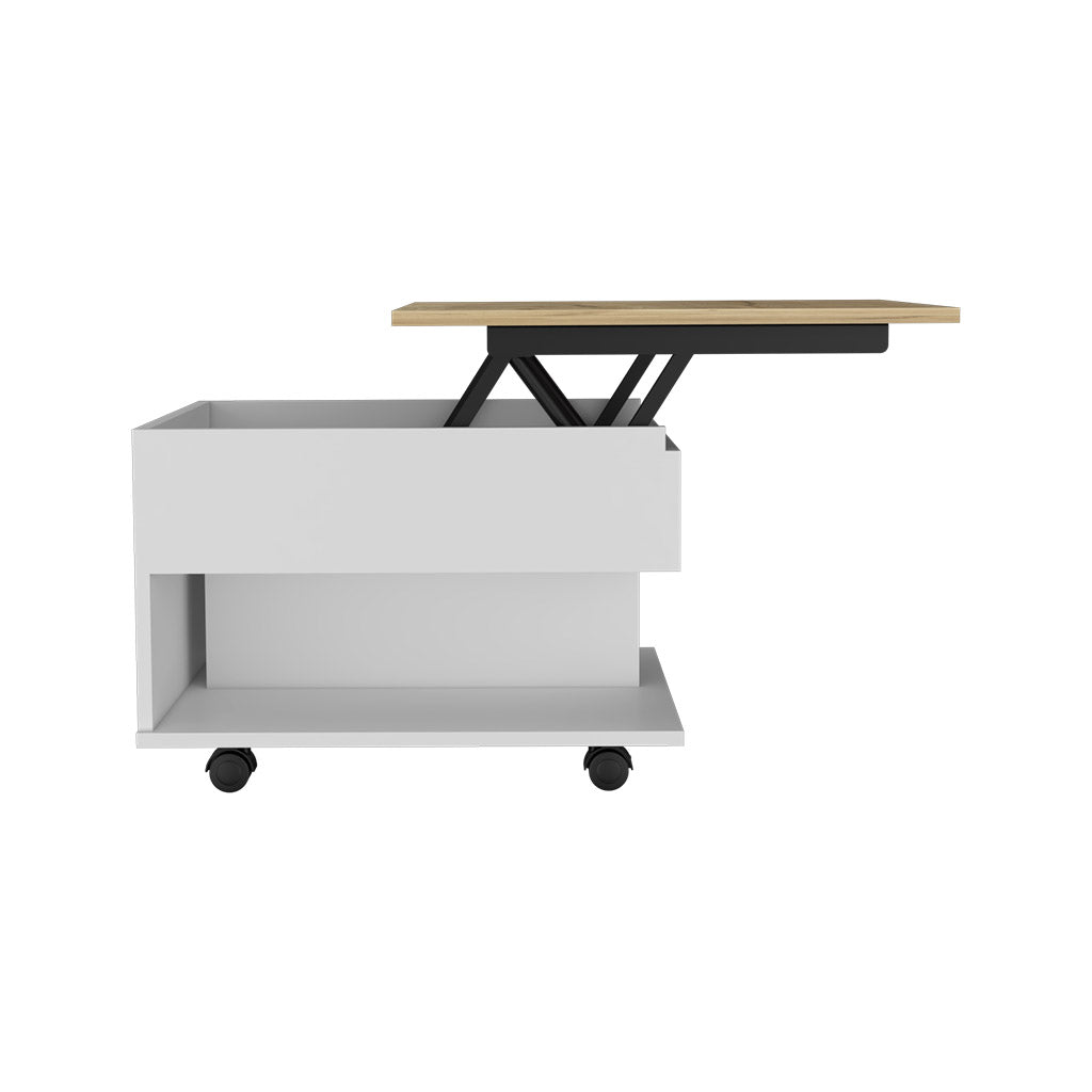 Babel Lift Top Coffee Table, Casters, One Shelf, White / Light Oak - Luciddepo