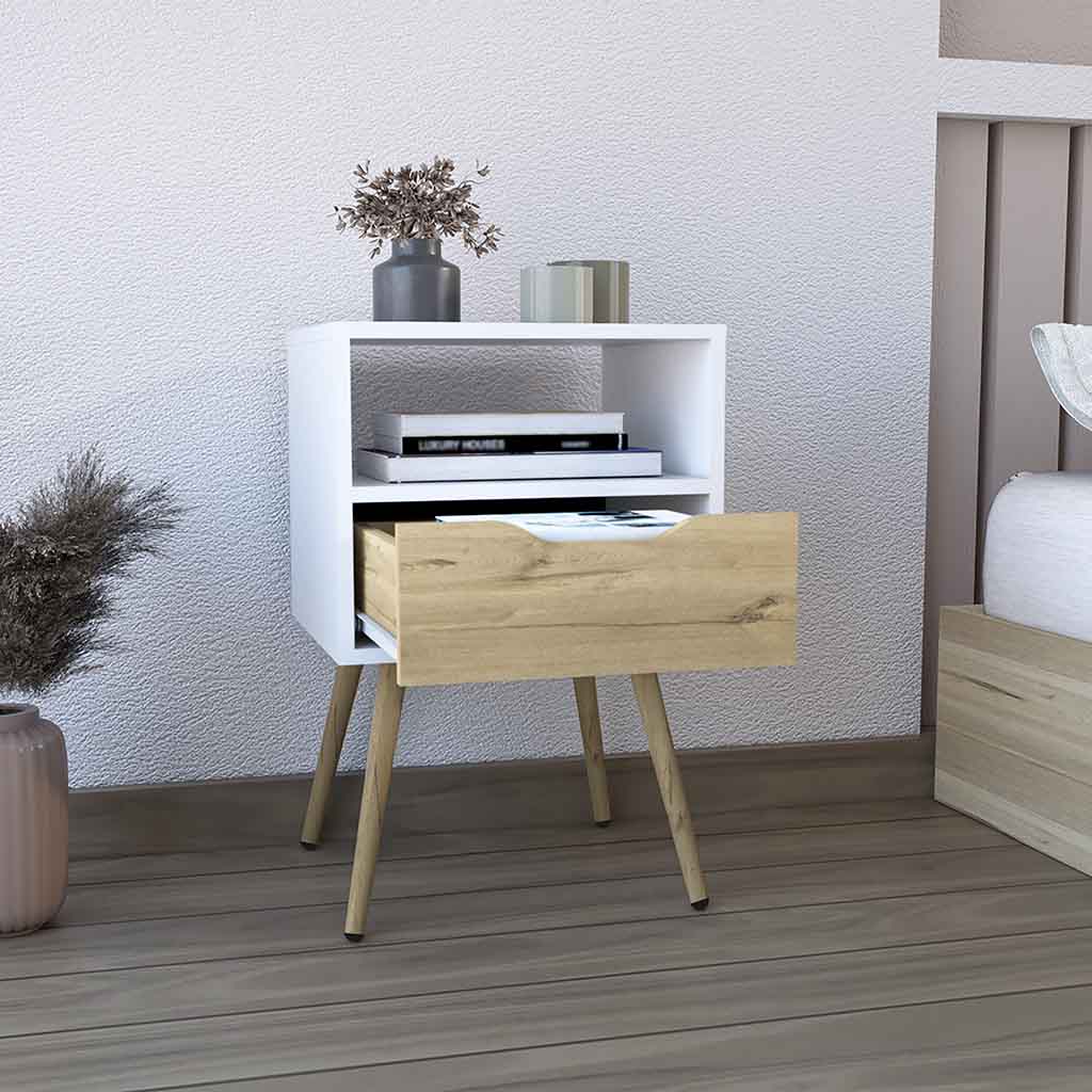Emma Nightstand, Superior Top, Four Legs, One Open Shelf, One Drawer, White / Light Oak - Luciddepo